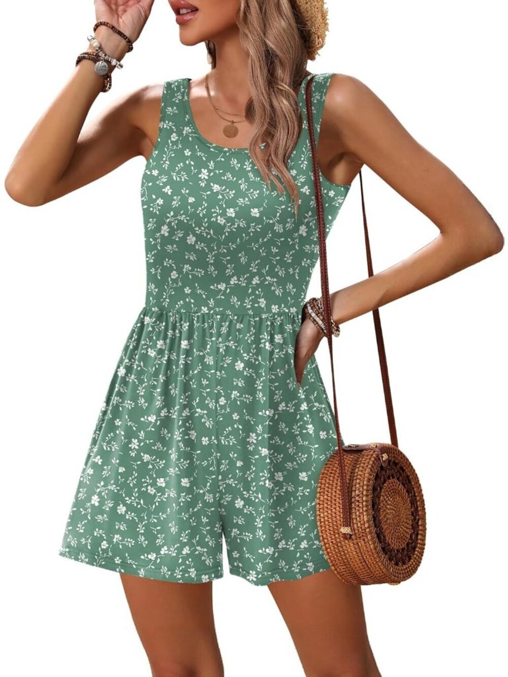 Women's Summer Romper Green White Sleeveless Scoop Neck Short Beach Jumpsuit